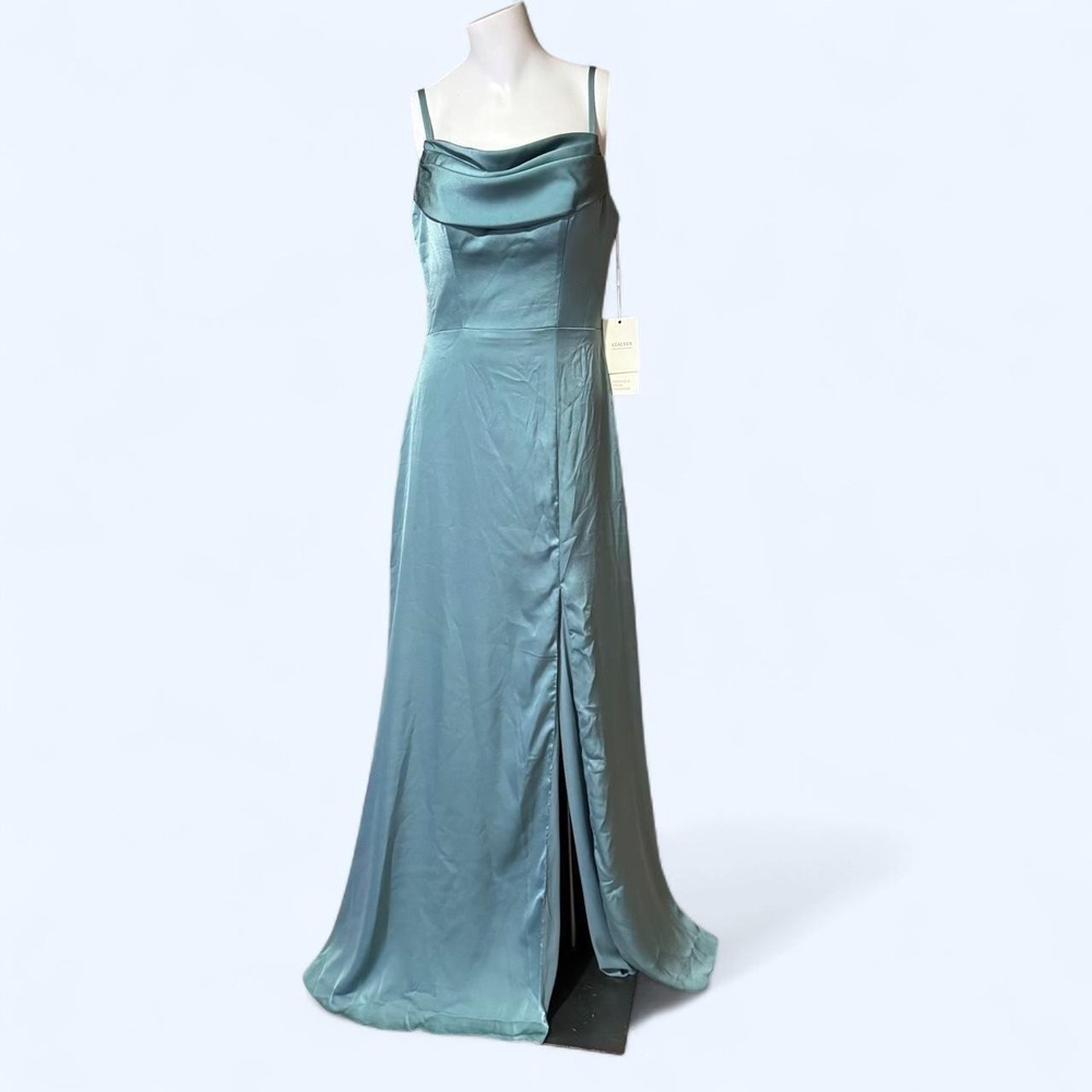 Stacees Powder Blue Bridesmaid Dress satin maxi with cowl neckline and slit